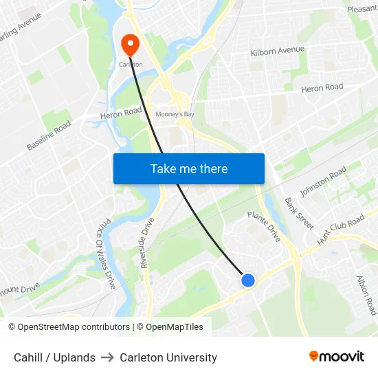 Cahill / Uplands to Carleton University map