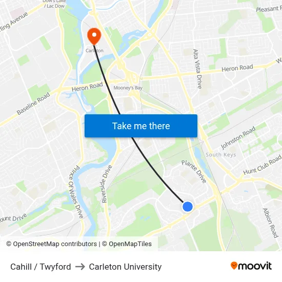 Cahill / Twyford to Carleton University map