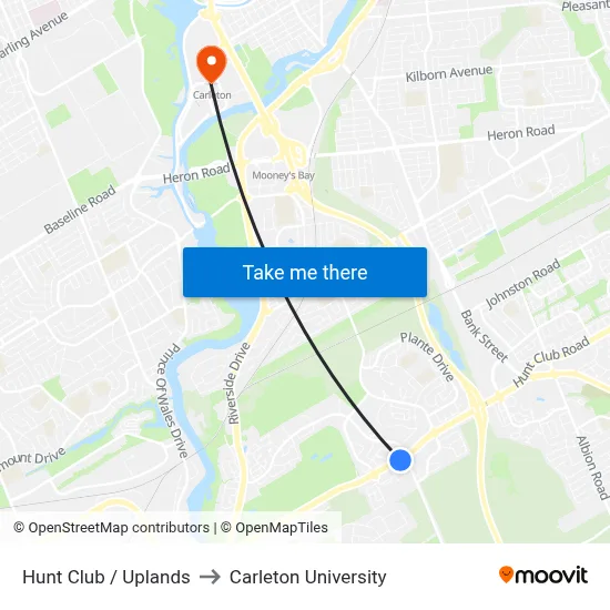 Hunt Club / Uplands to Carleton University map