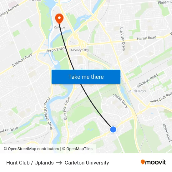 Hunt Club / Uplands to Carleton University map