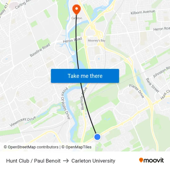 Hunt Club / Paul Benoit to Carleton University map