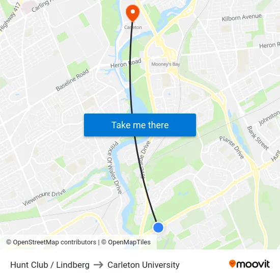 Hunt Club / Lindberg to Carleton University map