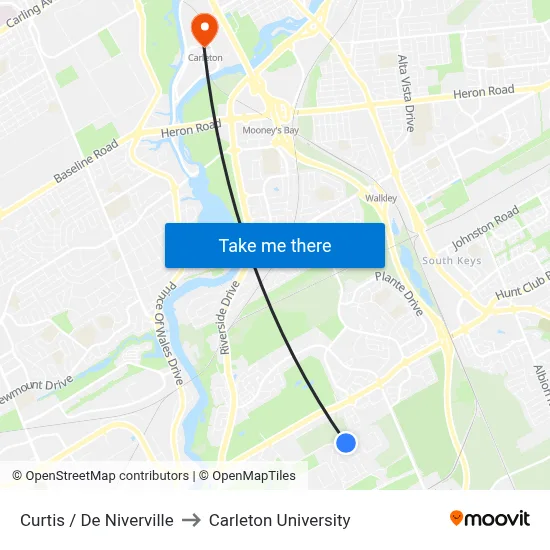 Curtis / De Niverville to Carleton University map