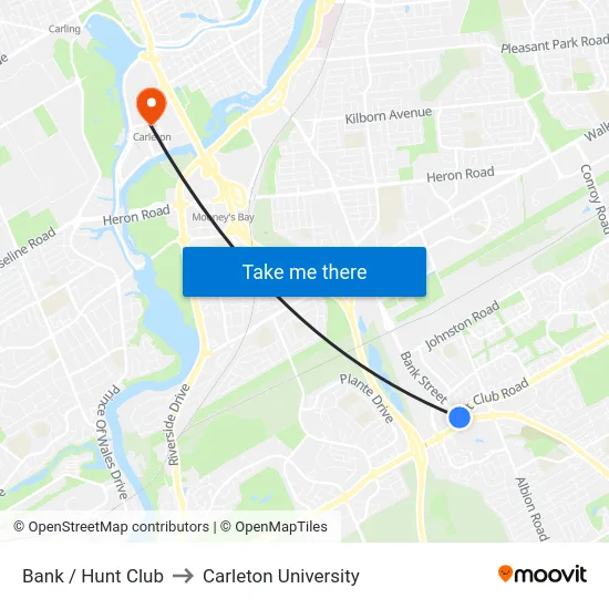 Bank / Hunt Club to Carleton University map