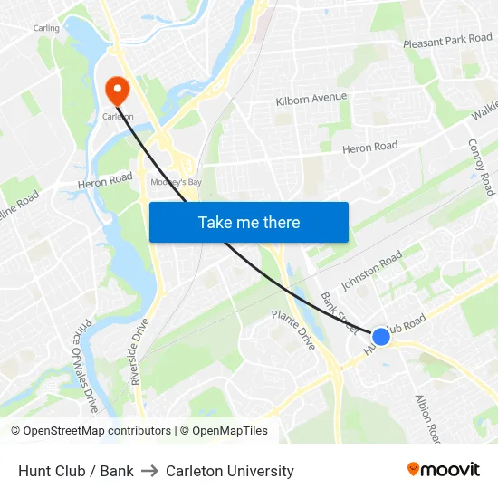 Hunt Club / Bank to Carleton University map