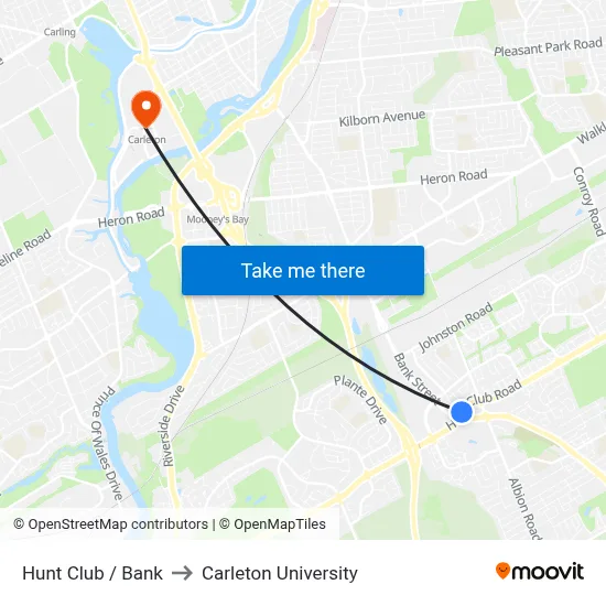 Hunt Club / Bank to Carleton University map