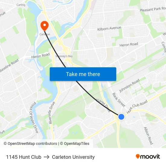 1145 Hunt Club to Carleton University map