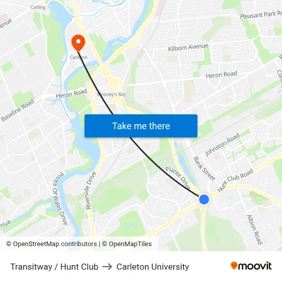 Transitway / Hunt Club to Carleton University map