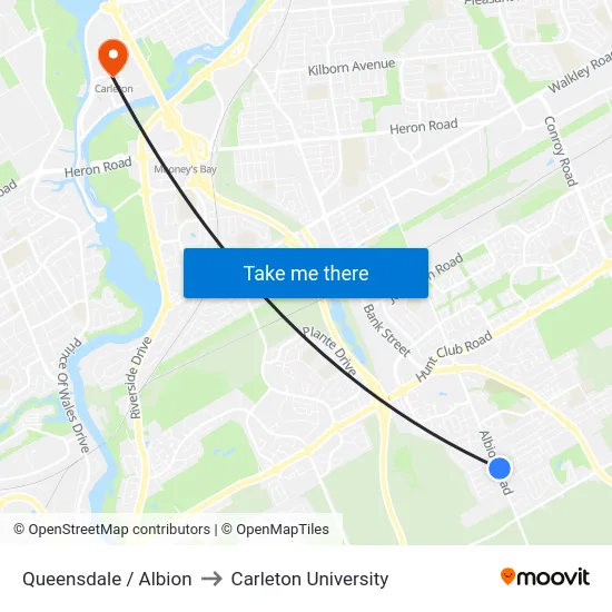 Queensdale / Albion to Carleton University map