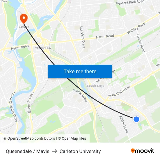 Queensdale / Mavis to Carleton University map