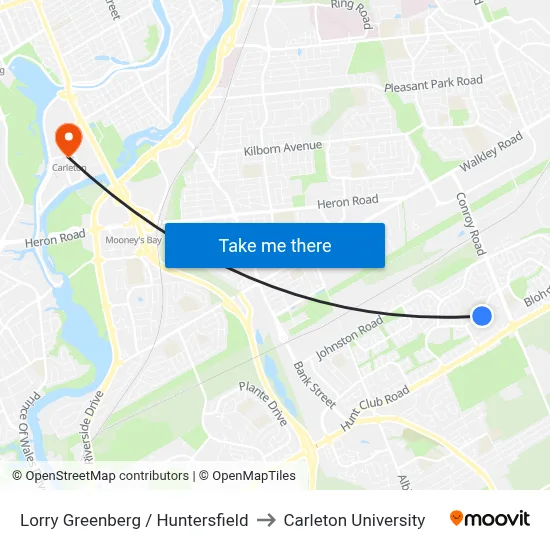 Lorry Greenberg / Huntersfield to Carleton University map