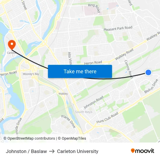 Johnston / Baslaw to Carleton University map