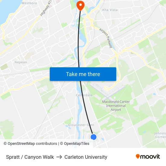 Spratt / Canyon Walk to Carleton University map