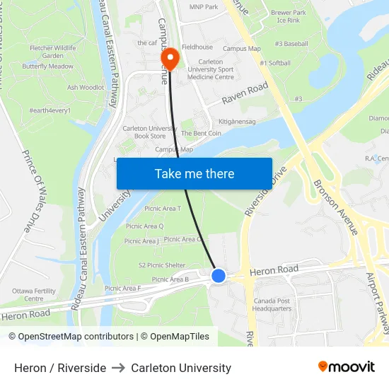 Heron / Riverside to Carleton University map