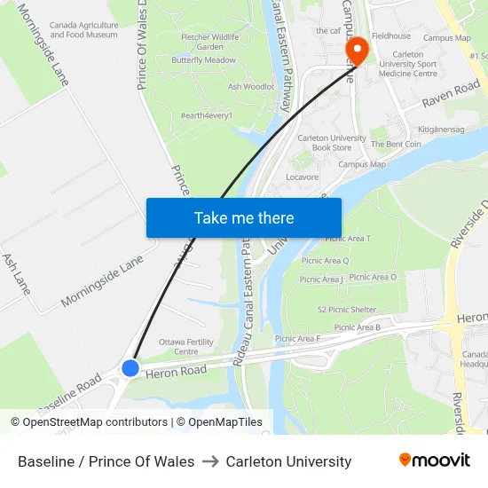 Baseline / Prince Of Wales to Carleton University map