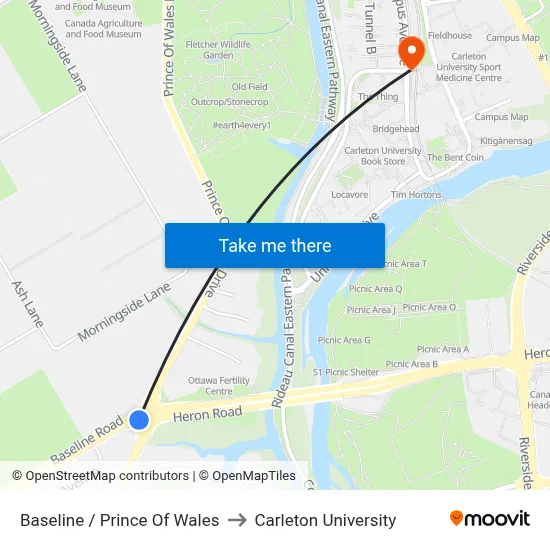 Baseline / Prince Of Wales to Carleton University map
