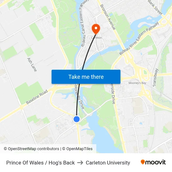 Prince Of Wales / Hog's Back to Carleton University map