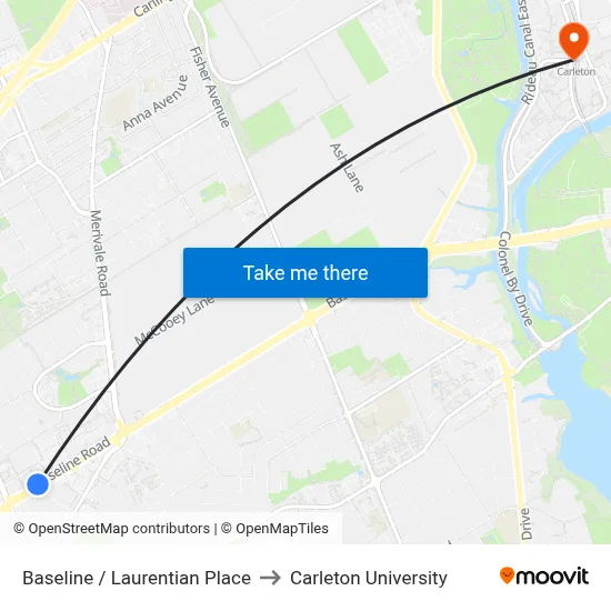 Baseline / Laurentian Place to Carleton University map