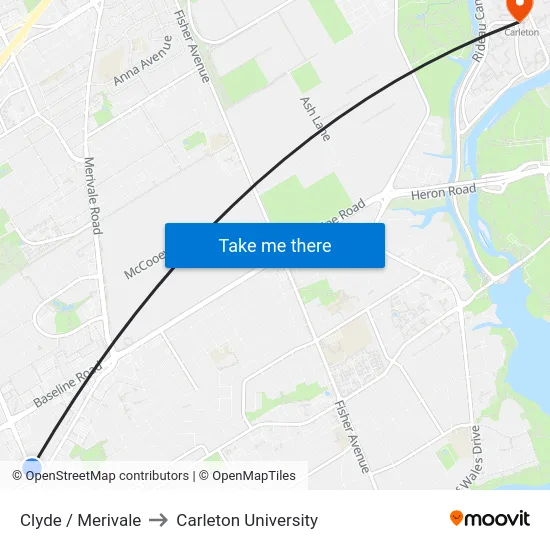 Clyde / Merivale to Carleton University map