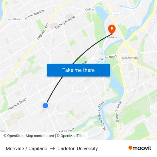 Merivale / Capilano to Carleton University map