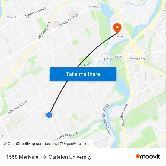 1558 Merivale to Carleton University map
