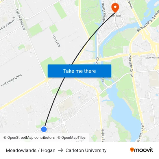 Meadowlands / Hogan to Carleton University map