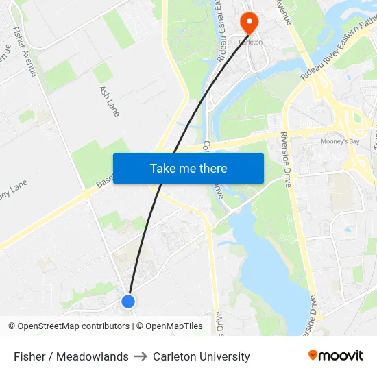 Fisher / Meadowlands to Carleton University map