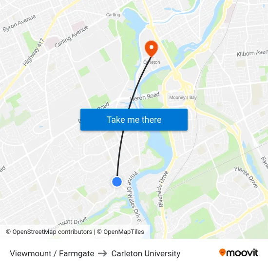 Viewmount / Farmgate to Carleton University map