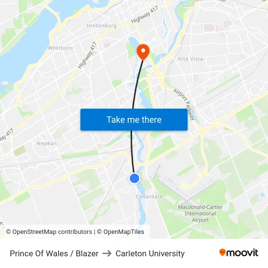 Prince Of Wales / Blazer to Carleton University map