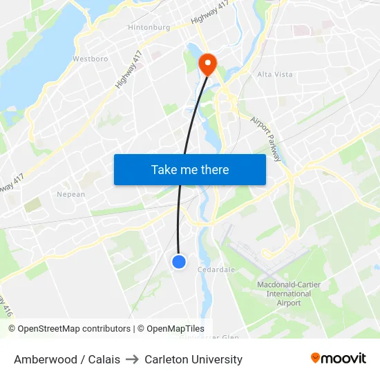 Amberwood / Calais to Carleton University map