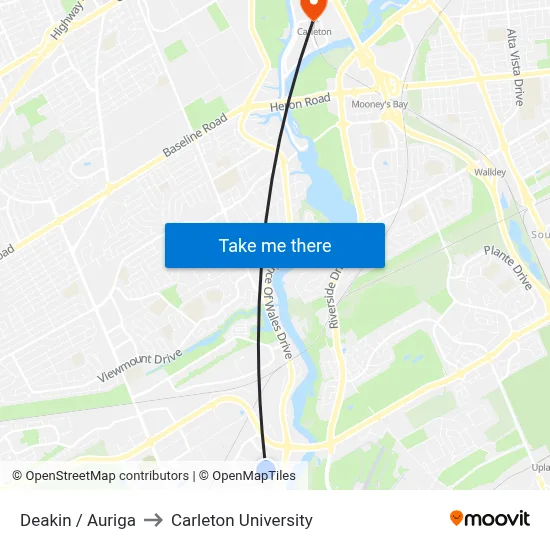 Deakin / Auriga to Carleton University map