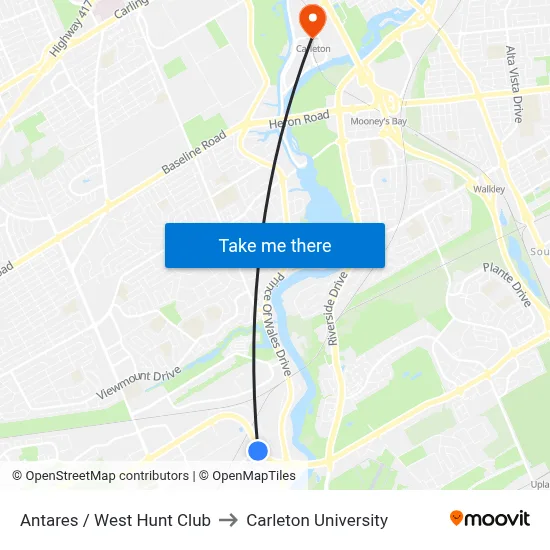 Antares / West Hunt Club to Carleton University map