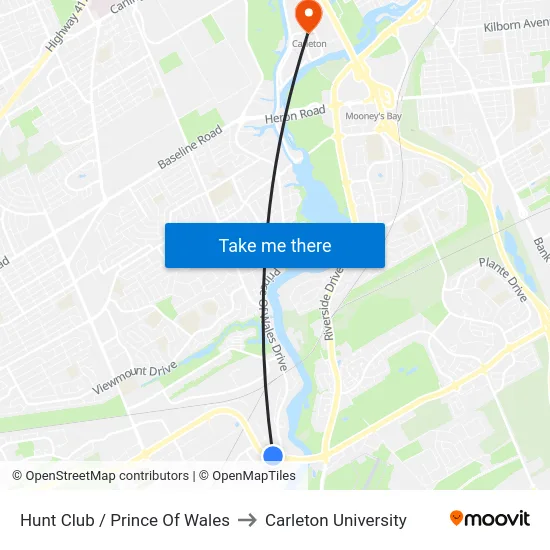 Hunt Club / Prince Of Wales to Carleton University map