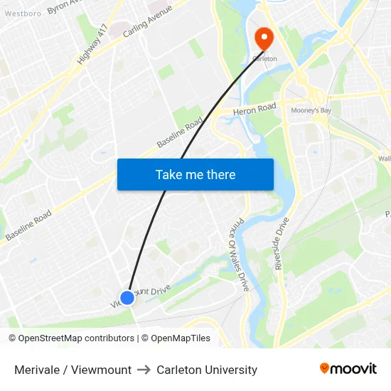 Merivale / Viewmount to Carleton University map