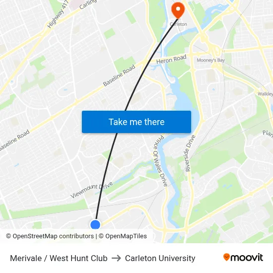 Merivale / West Hunt Club to Carleton University map