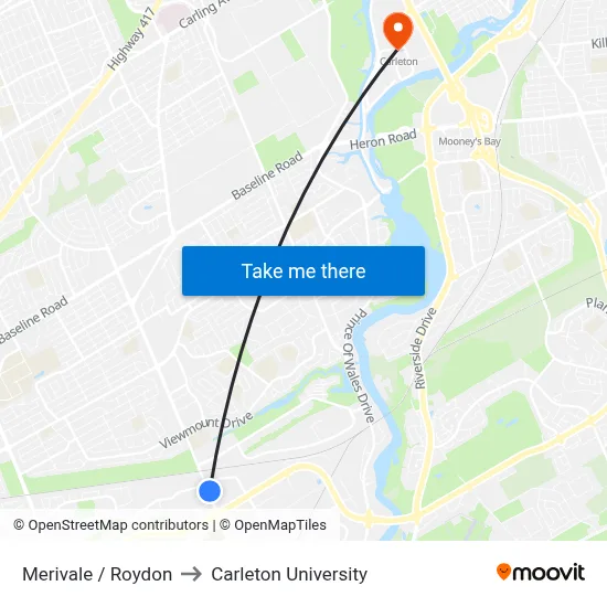 Merivale / Roydon to Carleton University map