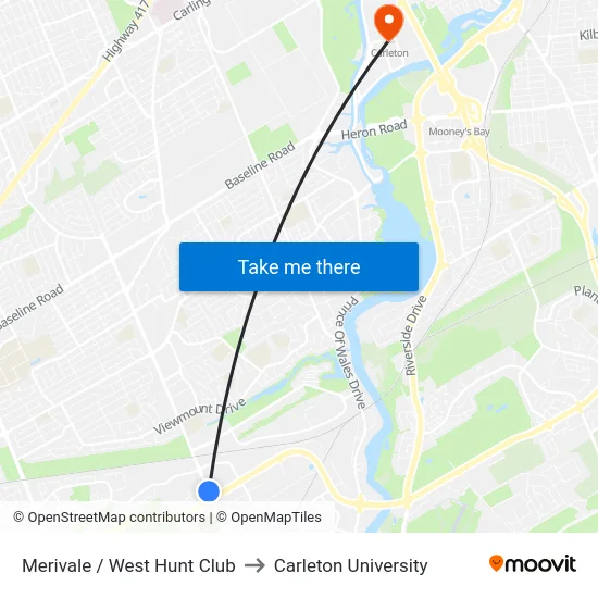 Merivale / West Hunt Club to Carleton University map