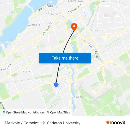 Merivale / Camelot to Carleton University map