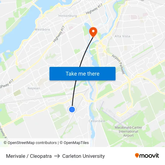 Merivale / Cleopatra to Carleton University map