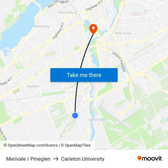 Merivale / Pineglen to Carleton University map