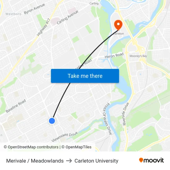Merivale / Meadowlands to Carleton University map