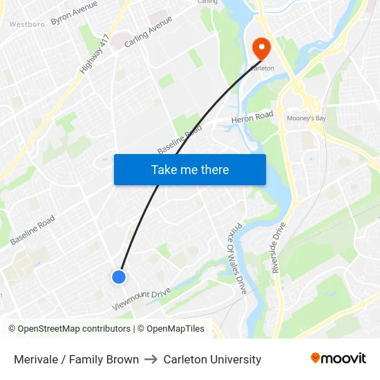 Merivale / Family Brown to Carleton University map