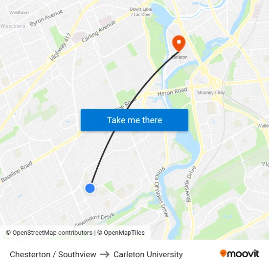 Chesterton / Southview to Carleton University map