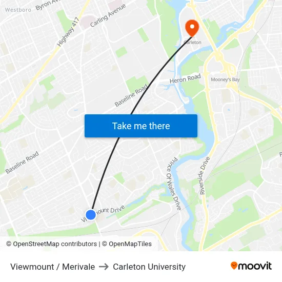Viewmount / Merivale to Carleton University map