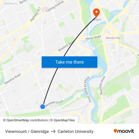 Viewmount / Glenridge to Carleton University map