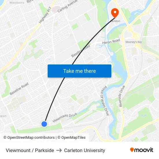 Viewmount / Parkside to Carleton University map