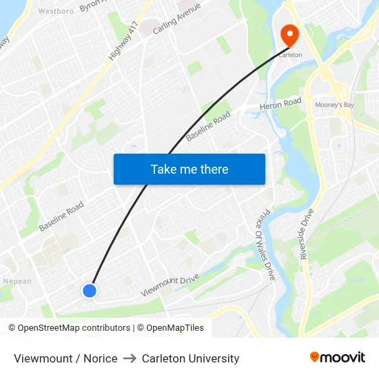Viewmount / Norice to Carleton University map