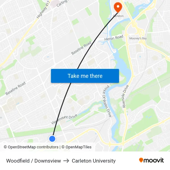 Woodfield / Downsview to Carleton University map