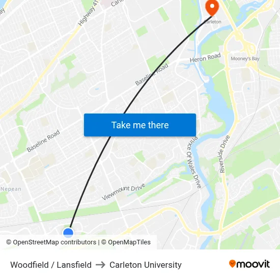 Woodfield / Lansfield to Carleton University map