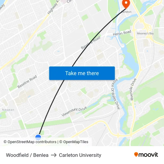 Woodfield / Benlea to Carleton University map
